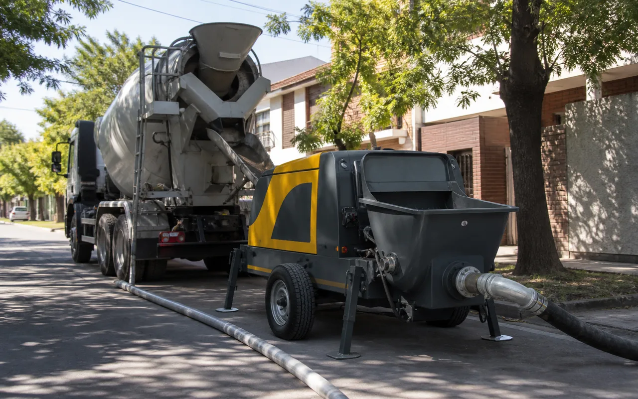 Bomba estacionaria junto a un mixer en Almirante Brown