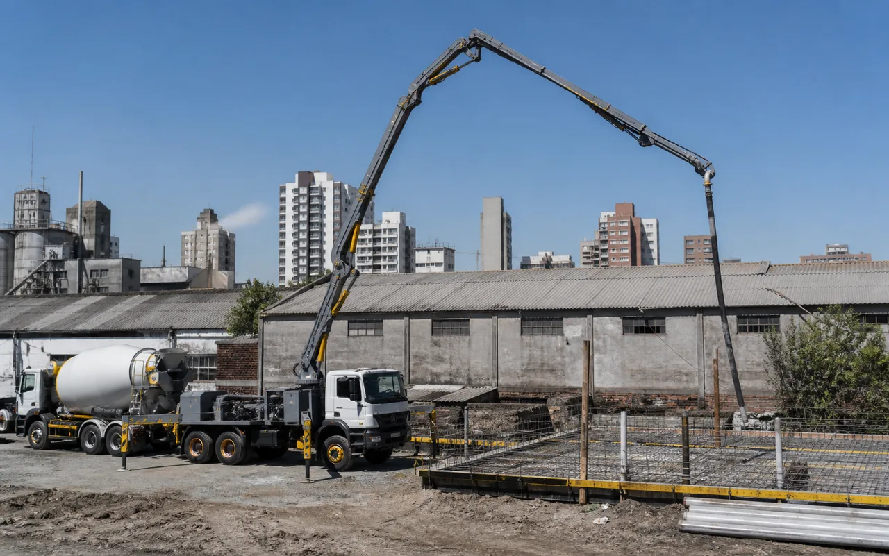 Bomba de hormigón en una obra industrial de Avellaneda