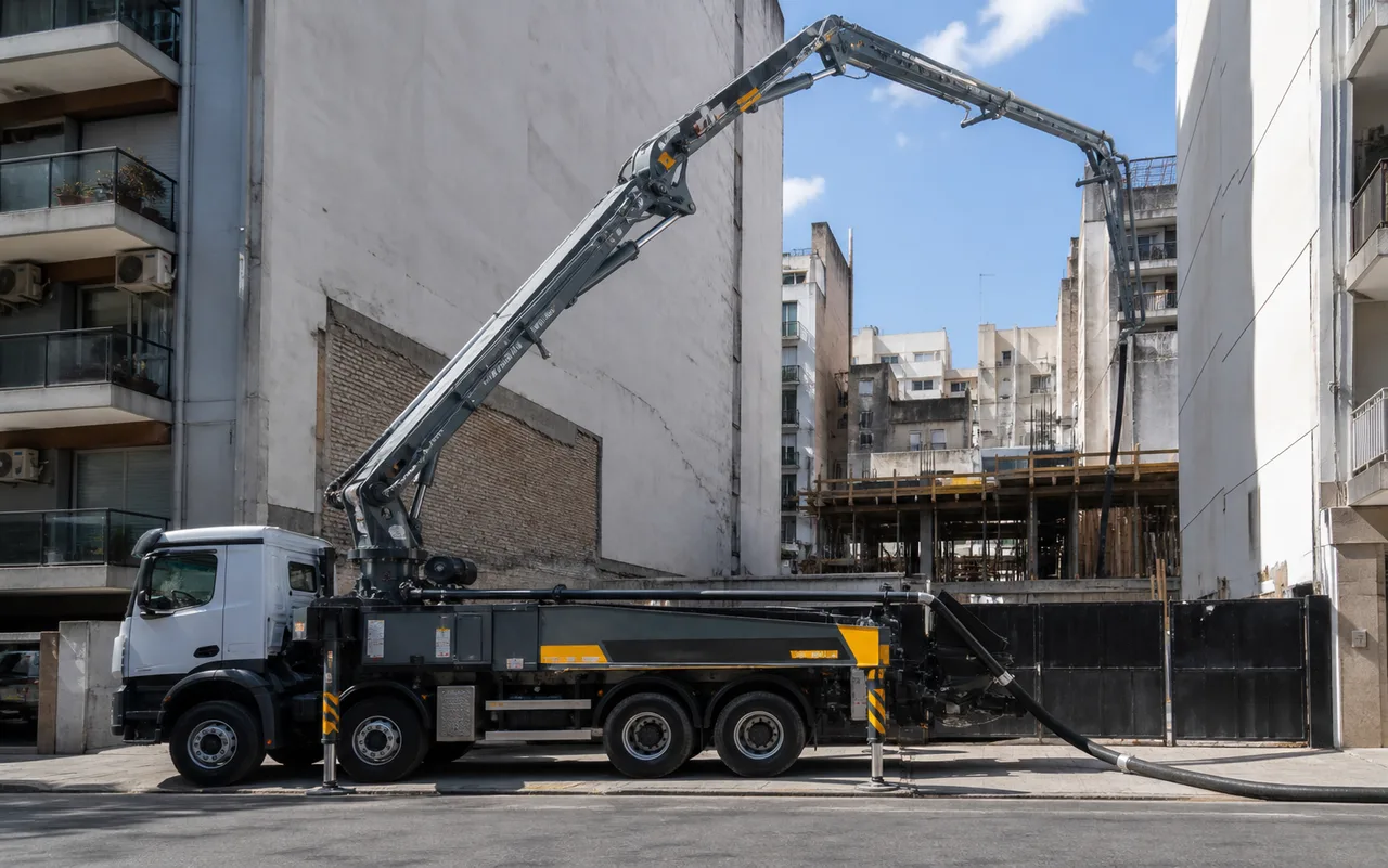 Camión bomba trabajando entre edificios en una obra de CABA