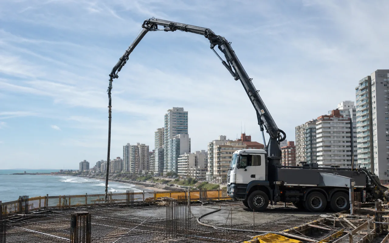 Camión bomba en una obra costera de Mar del Plata