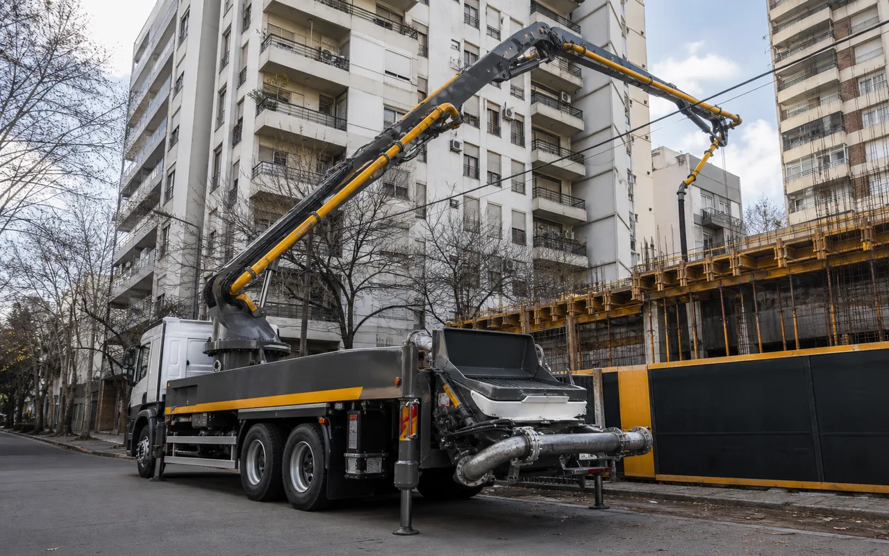 Camión bomba trabajando frente a edificios en Vicente López