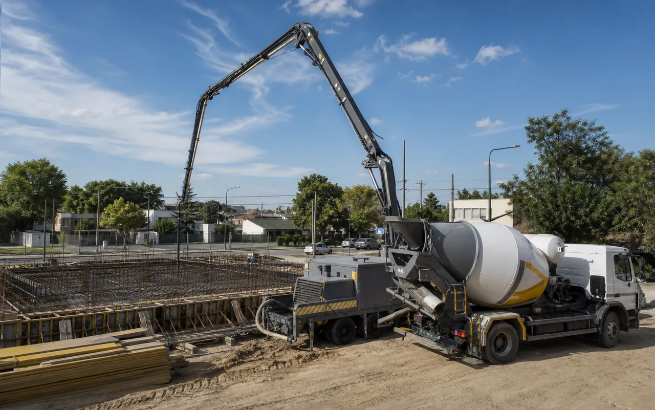 Equipo de bombeo y mixer en una obra suburbana de Zona Oeste